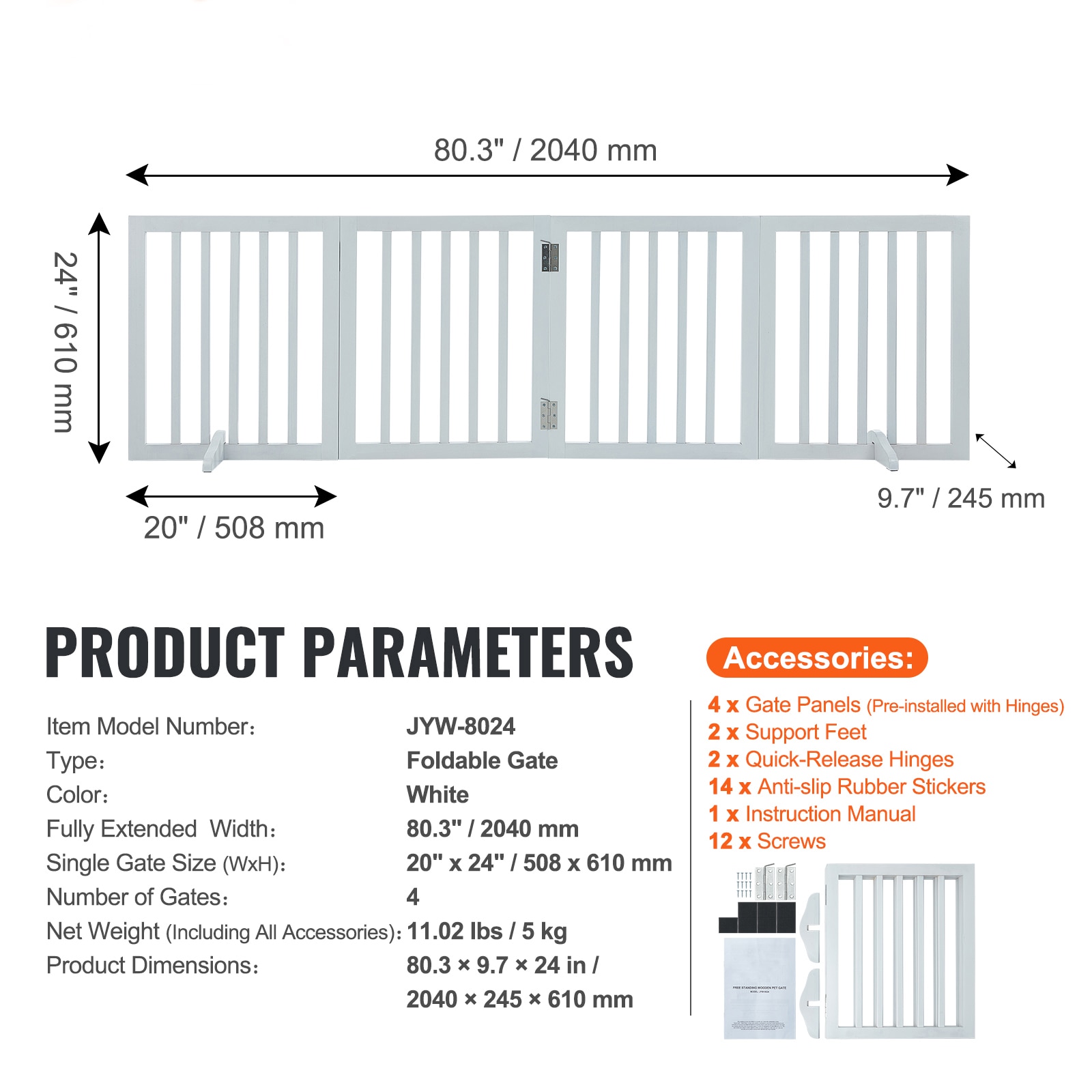 Foldable Freestanding Dog Gate White 4 Panels For Pet Safety_voghion.com